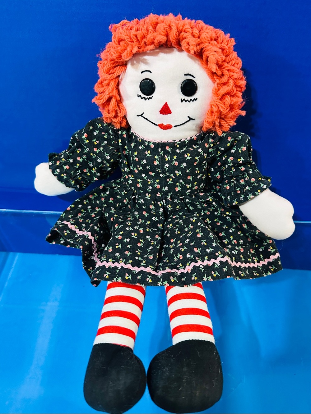 Raggedy Ann Vintage Ragdoll Handmade w/Black Calico Dress Embroidered Face 15”